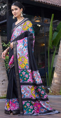 Elegance Premium Soft Tusser Floral Printed Designer Saree with Rich Heavy Weaving Border & Contrast Blouse Piece -NAVY BLUE