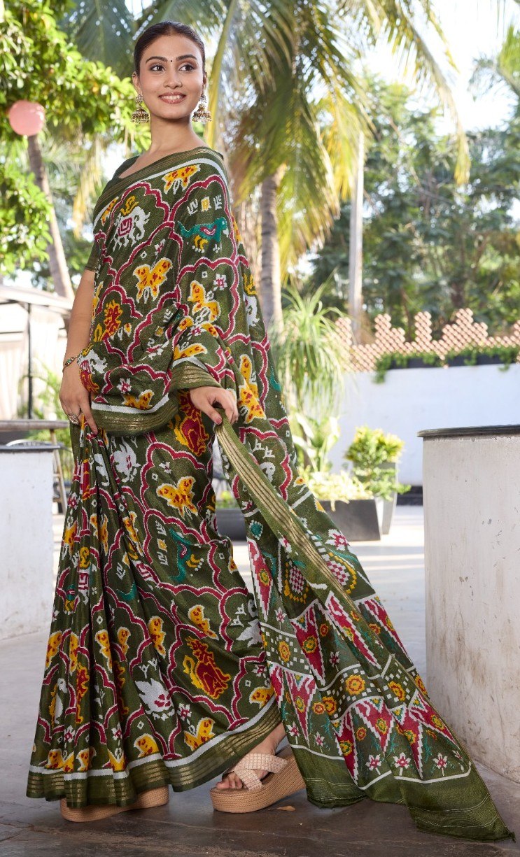 Elegance Premium Soft Tusser Floral Printed Designer Saree with Rich Heavy Weaving Border & Contrast Blouse Piece - MEHENDI