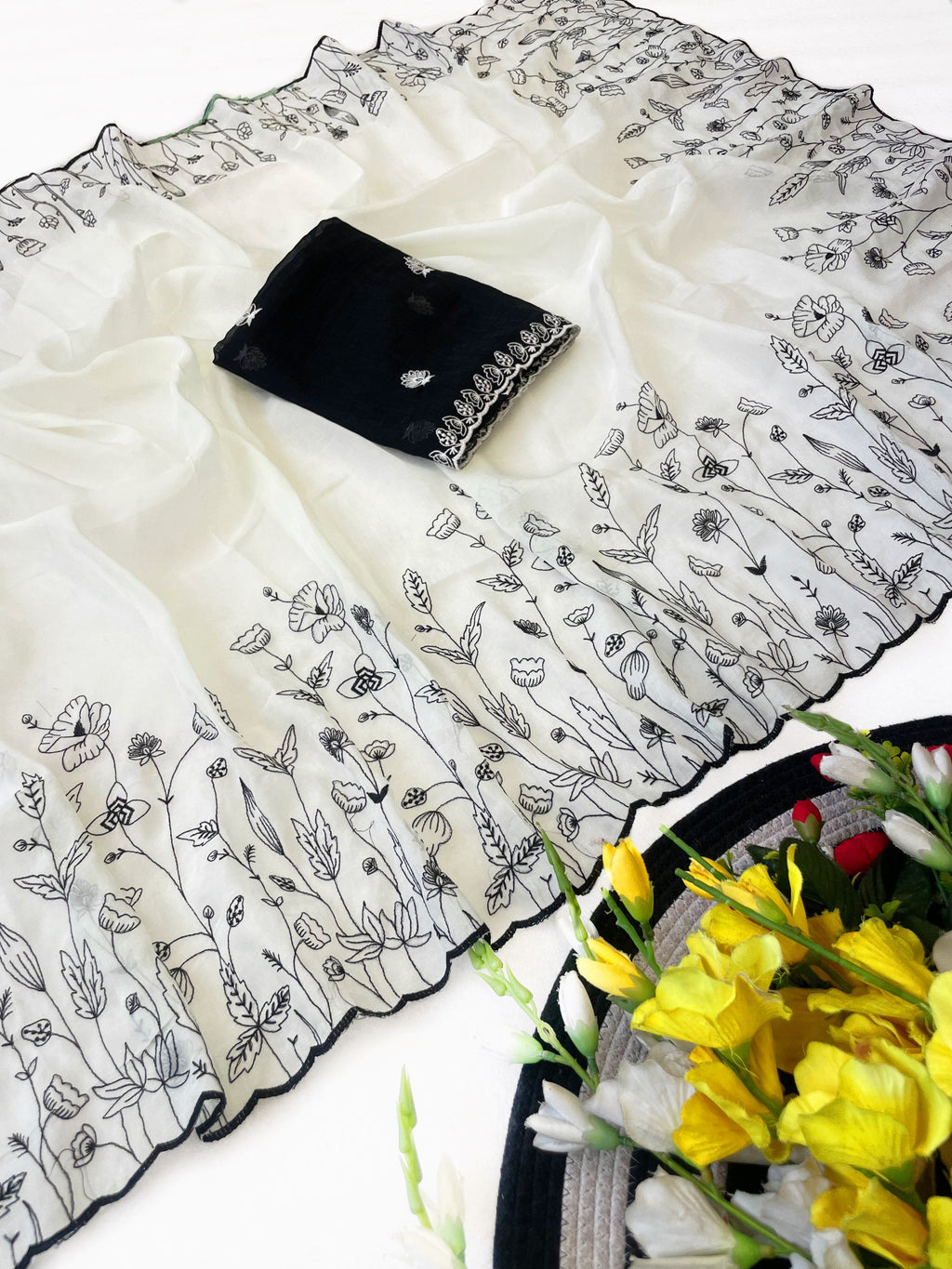 Floral Grace Premium Crunchy Fabric Saree With Rich Thread Embroidery & Designer Pallu
