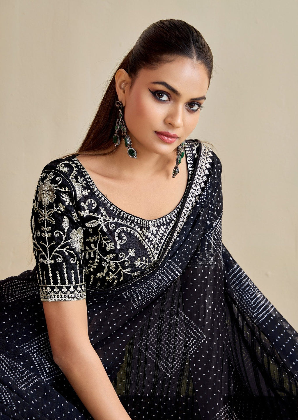 Premium Georgette Bandhani Print Saree with Sequin Embroidery Border & Heavy Designer Blouse - BLACK
