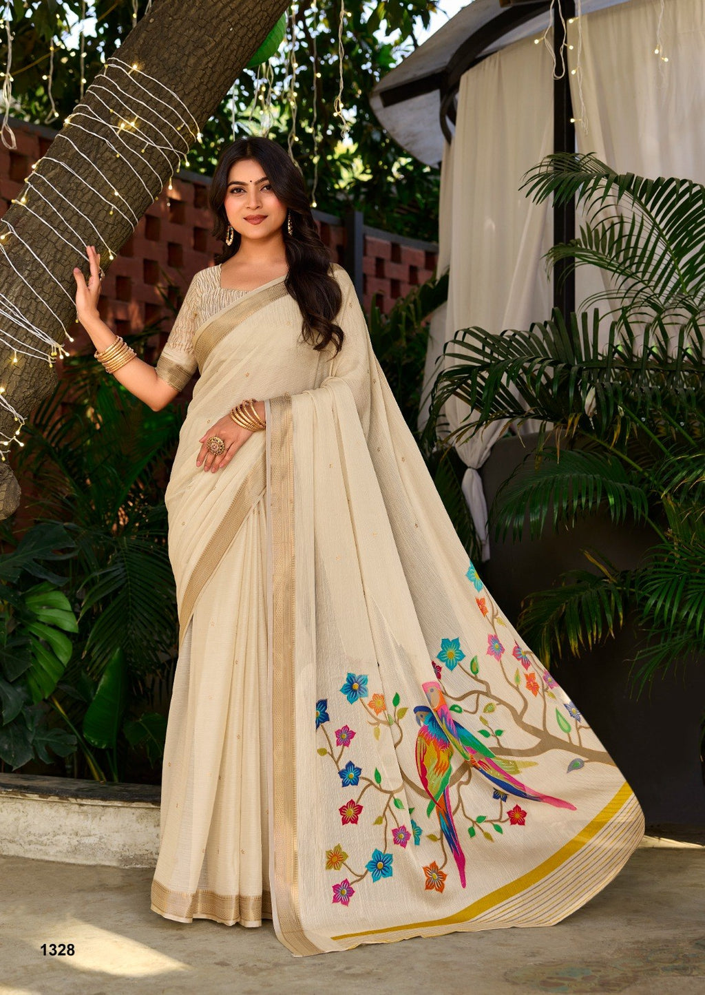 Premium Chinno Viscose Saree with Zari Butti & Parrot Foil Pallu - CREAM