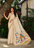 Premium Chinno Viscose Saree with Zari Butti & Parrot Foil Pallu - CREAM