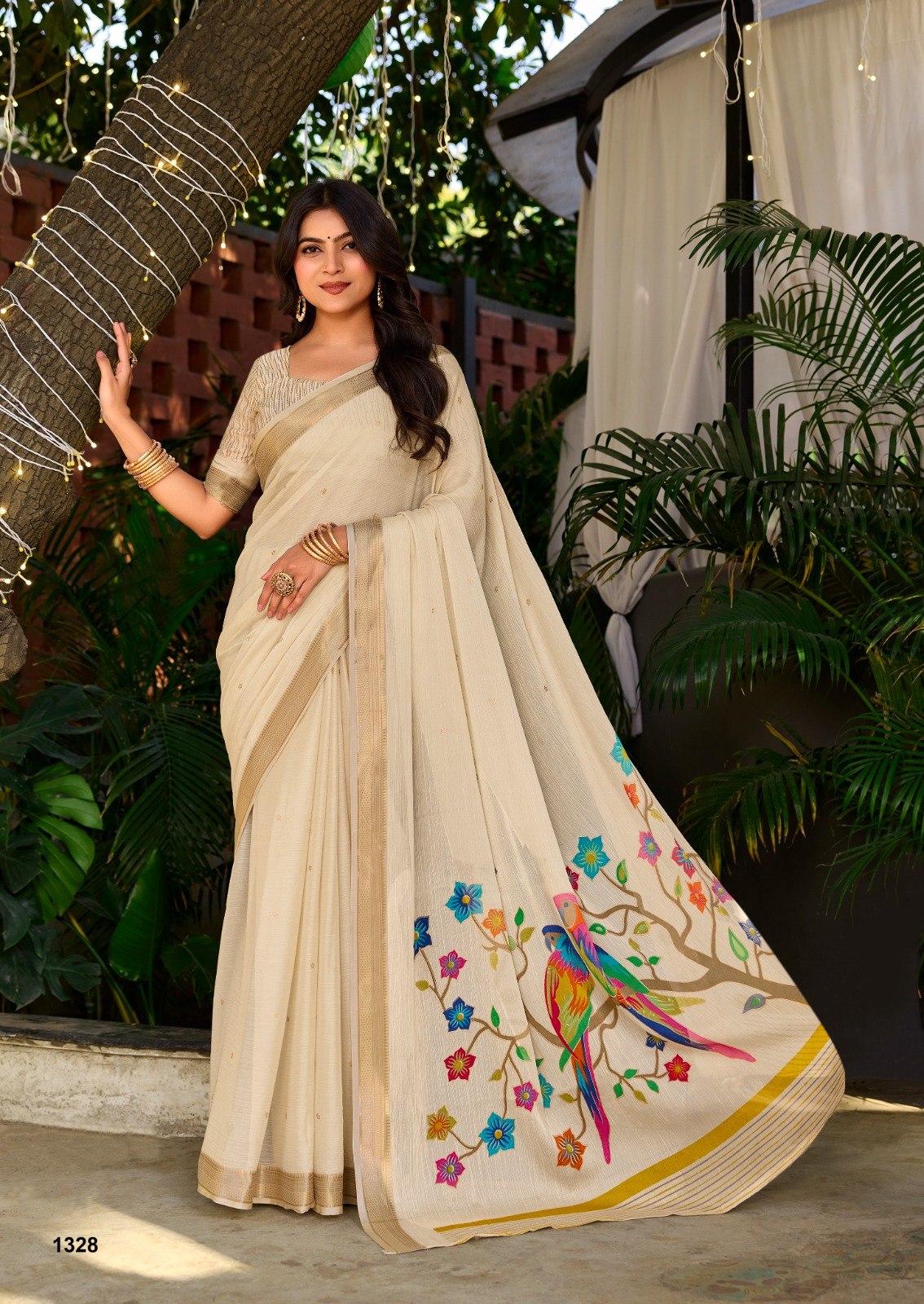Premium Chinno Viscose Saree with Zari Butti & Parrot Foil Pallu - CREAM