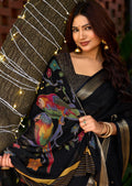 Premium Chinno Viscose Saree with Zari Butti & Parrot Foil Pallu - BLACK