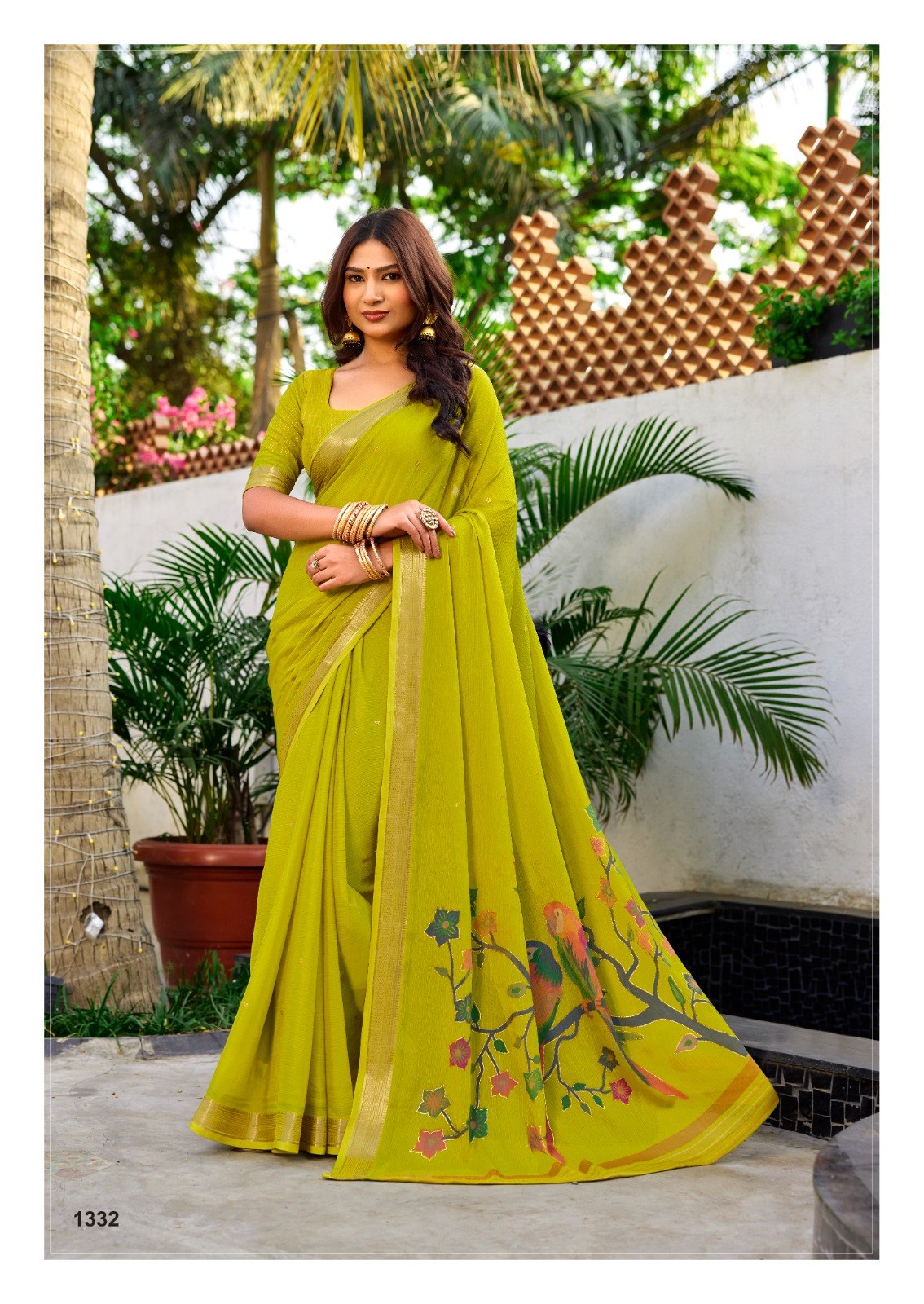Premium Chinno Viscose Saree with Zari Butti & Parrot Foil Pallu - PISTA