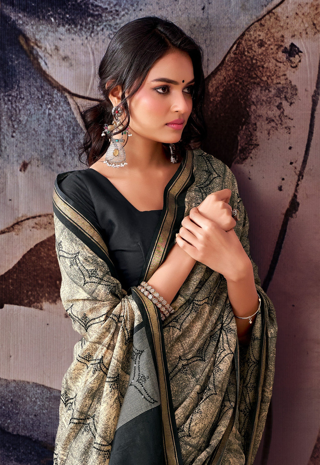Elegant Floral Designer Saree - BLACK
