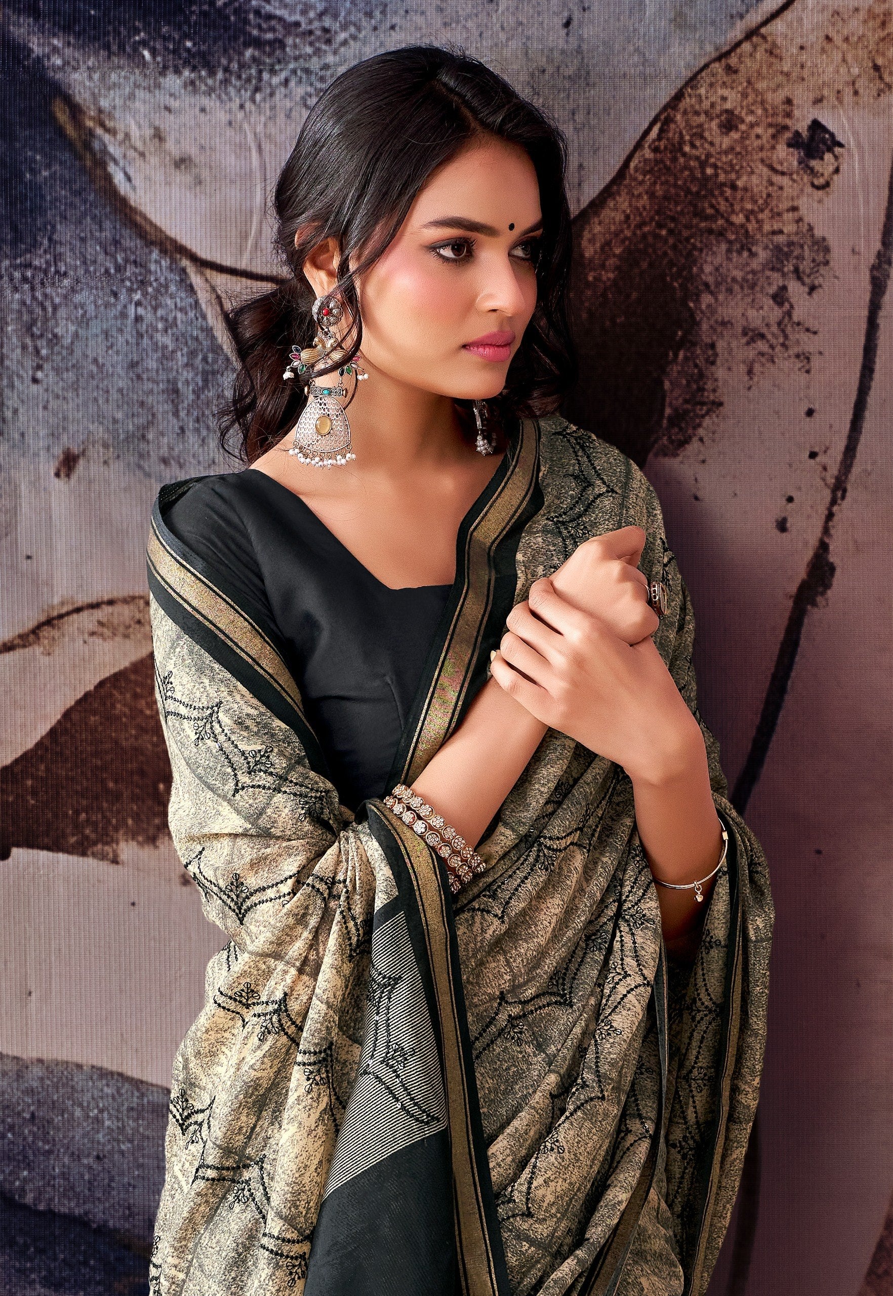 Elegant Floral Designer Saree - BLACK