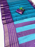 Elegant Two-Tone Premium Dolla Checks Saree With Weaving Jacquard Border - SKY