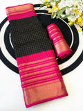 Elegant Two-Tone Premium Dolla Checks Saree With Weaving Jacquard Border - BLACK AND PINK