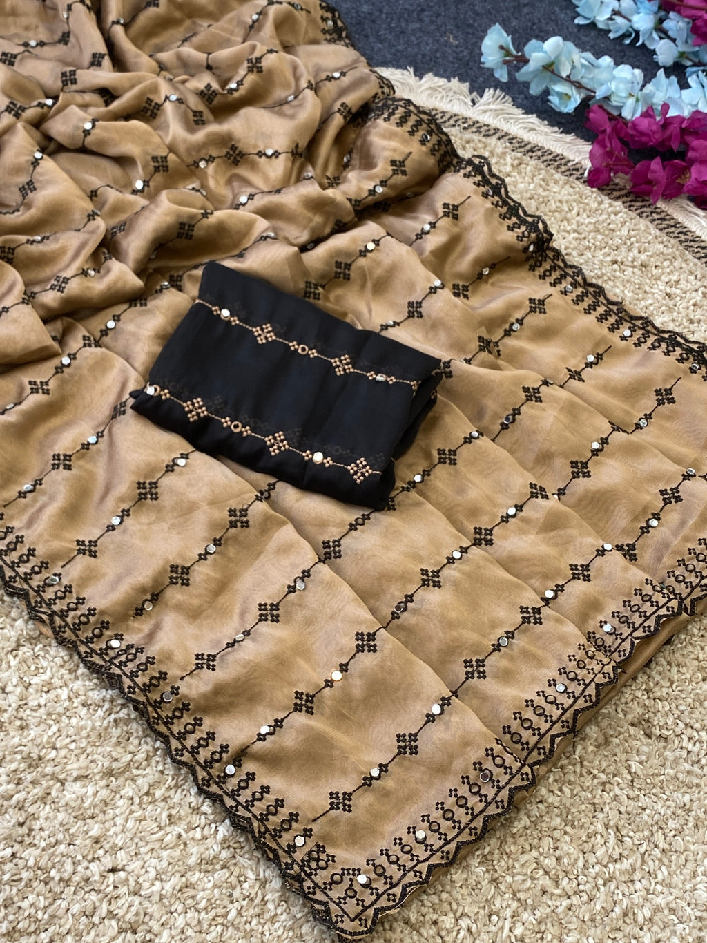 Elegant Beige & Black Embroidered Saree with Designer Blouse
