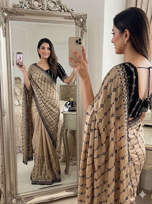 Elegant Beige & Black Embroidered Saree with Designer Blouse