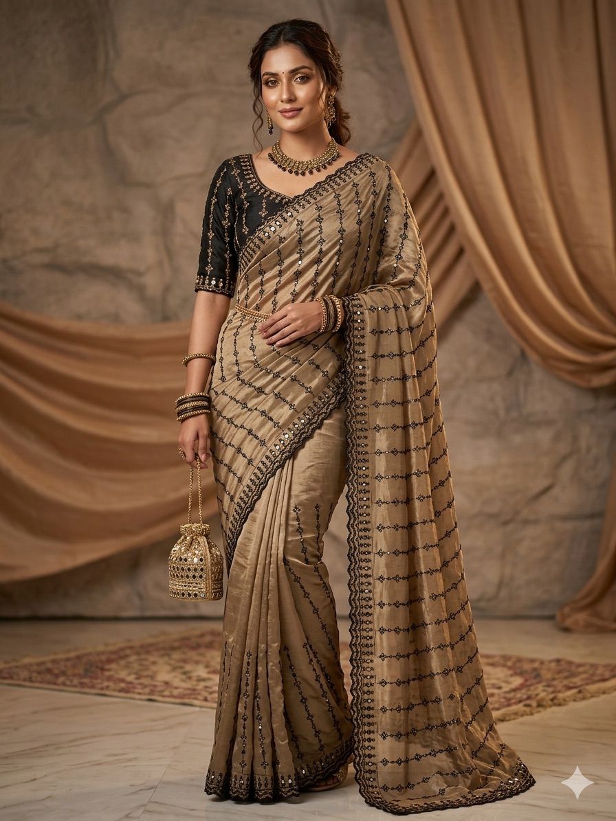 Elegant Beige & Black Embroidered Saree with Designer Blouse