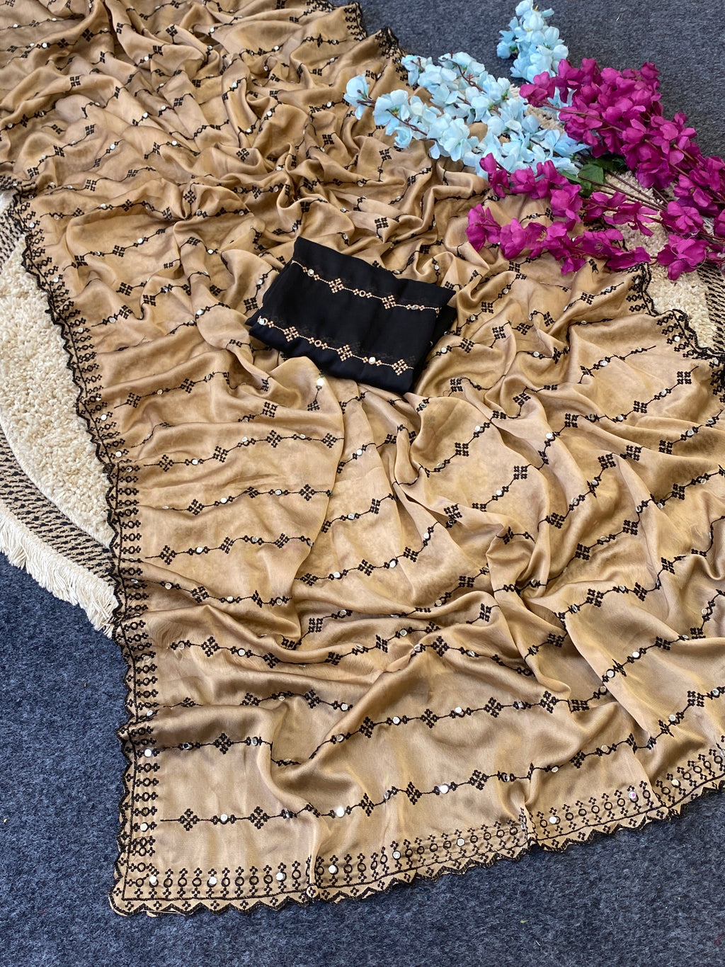 Elegant Beige & Black Embroidered Saree with Designer Blouse