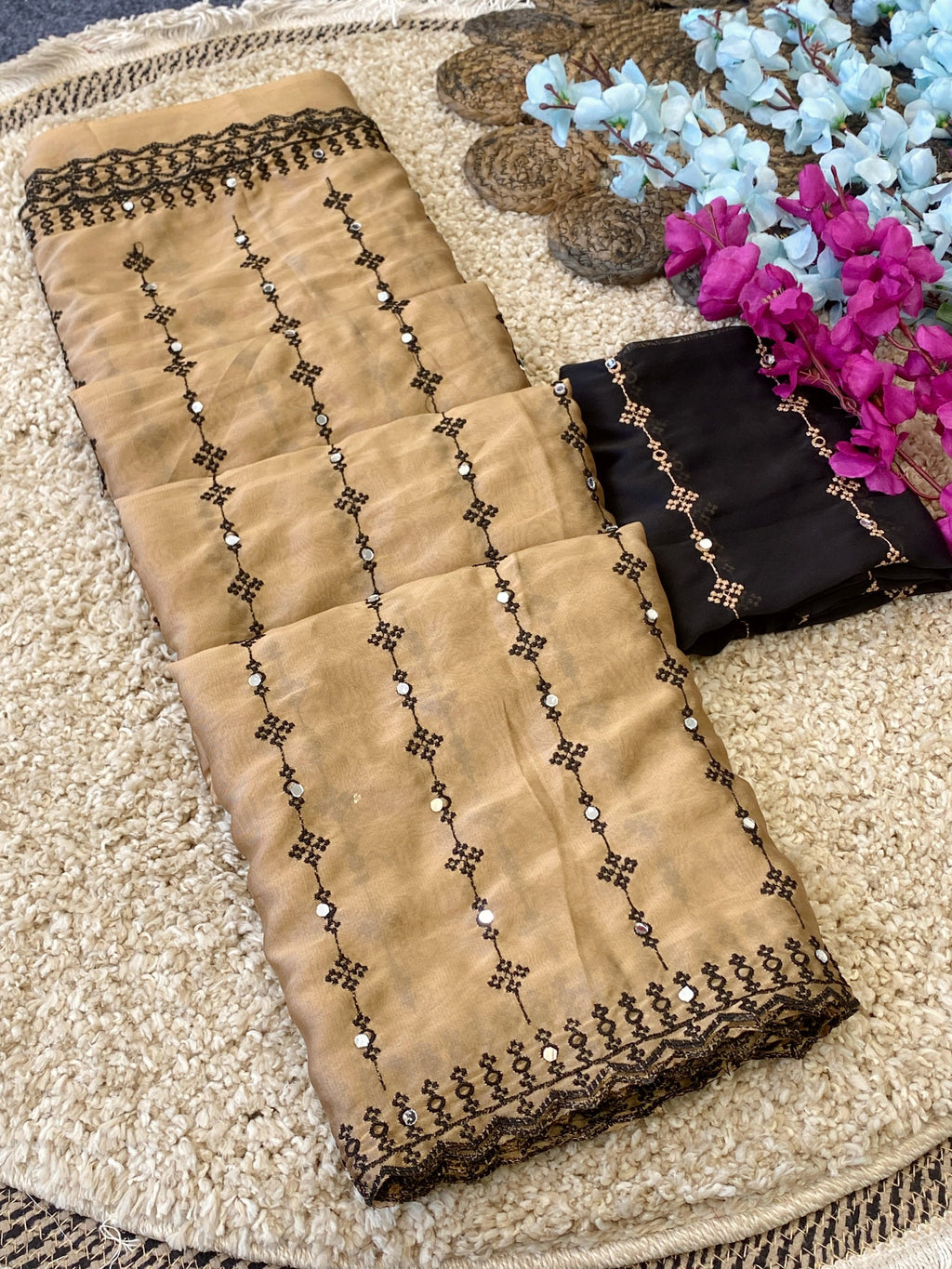 Elegant Beige & Black Embroidered Saree with Designer Blouse