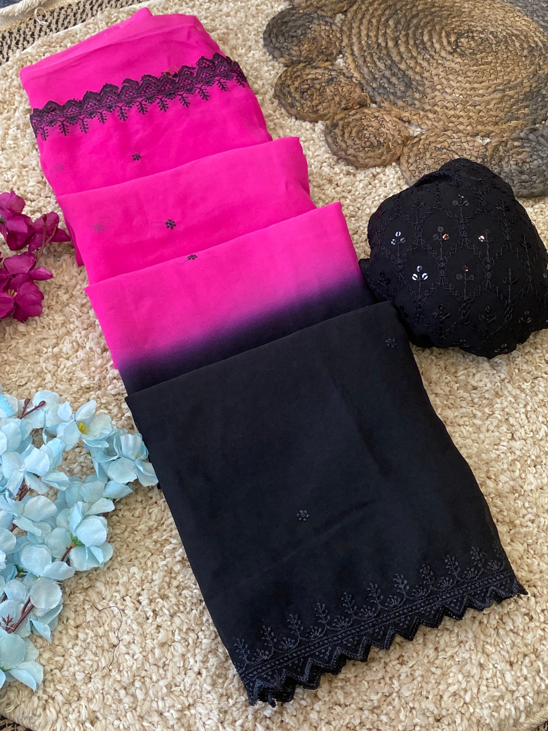 `Premium Two-Tone Georgette Embroidery Saree with Thread & Cut Work | Designer Sequins Saree with Contrast Blouse Piece