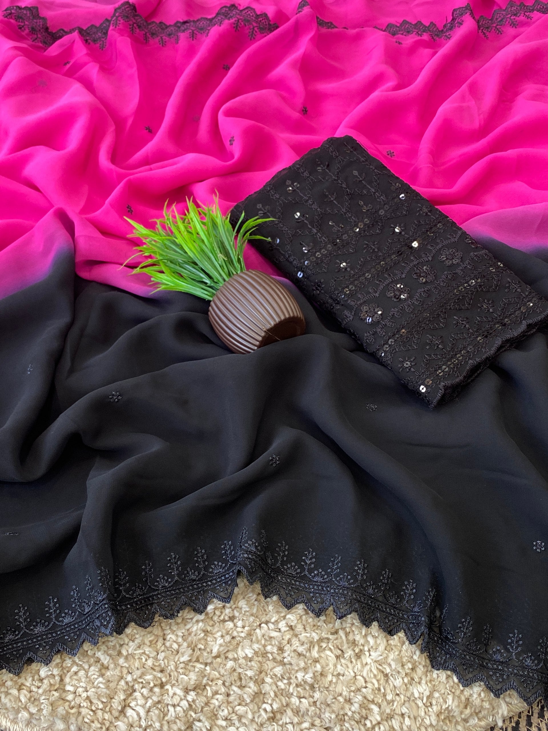 `Premium Two-Tone Georgette Embroidery Saree with Thread & Cut Work | Designer Sequins Saree with Contrast Blouse Piece
