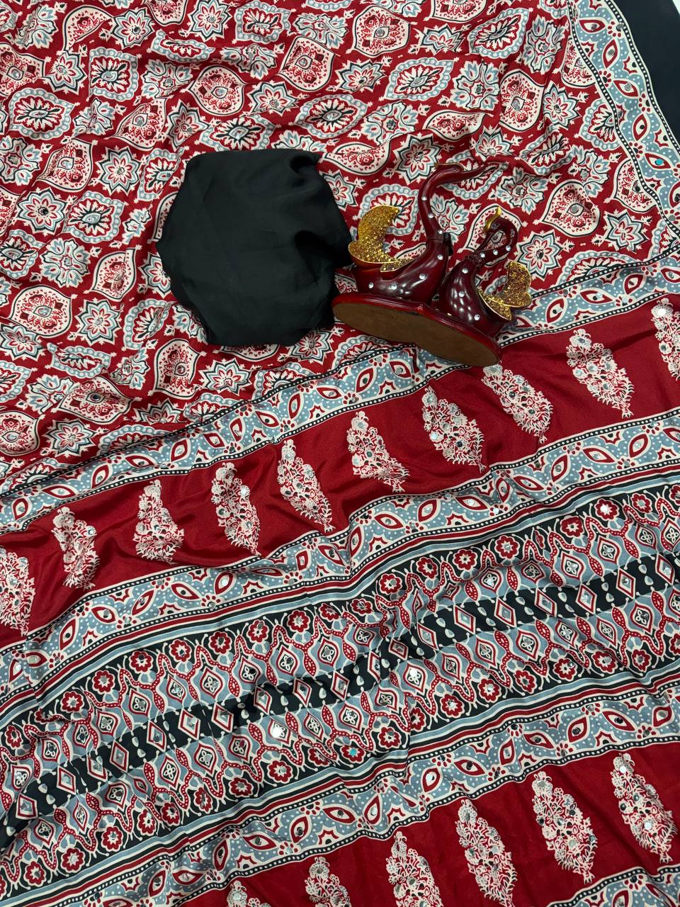 Zarika ajrakh Mirror Silk Saree - RED