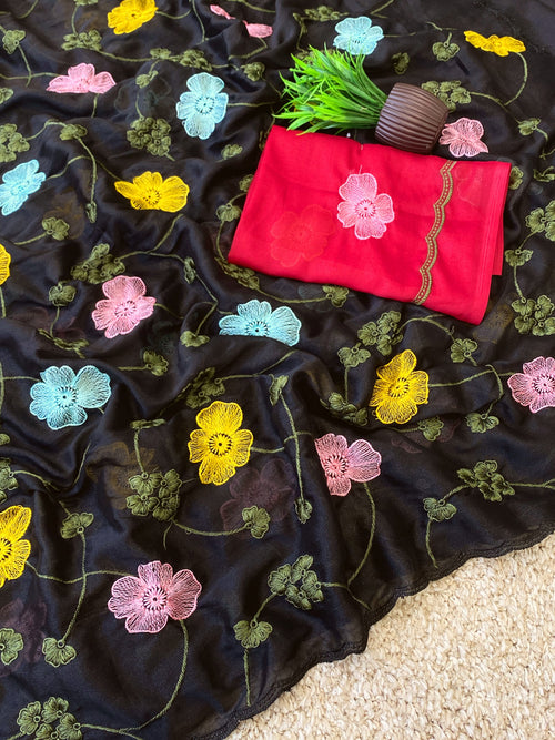 Celestial Bloom Premium Star Georgette Embroidery Saree With Contrast Designer Blouse - BLACK