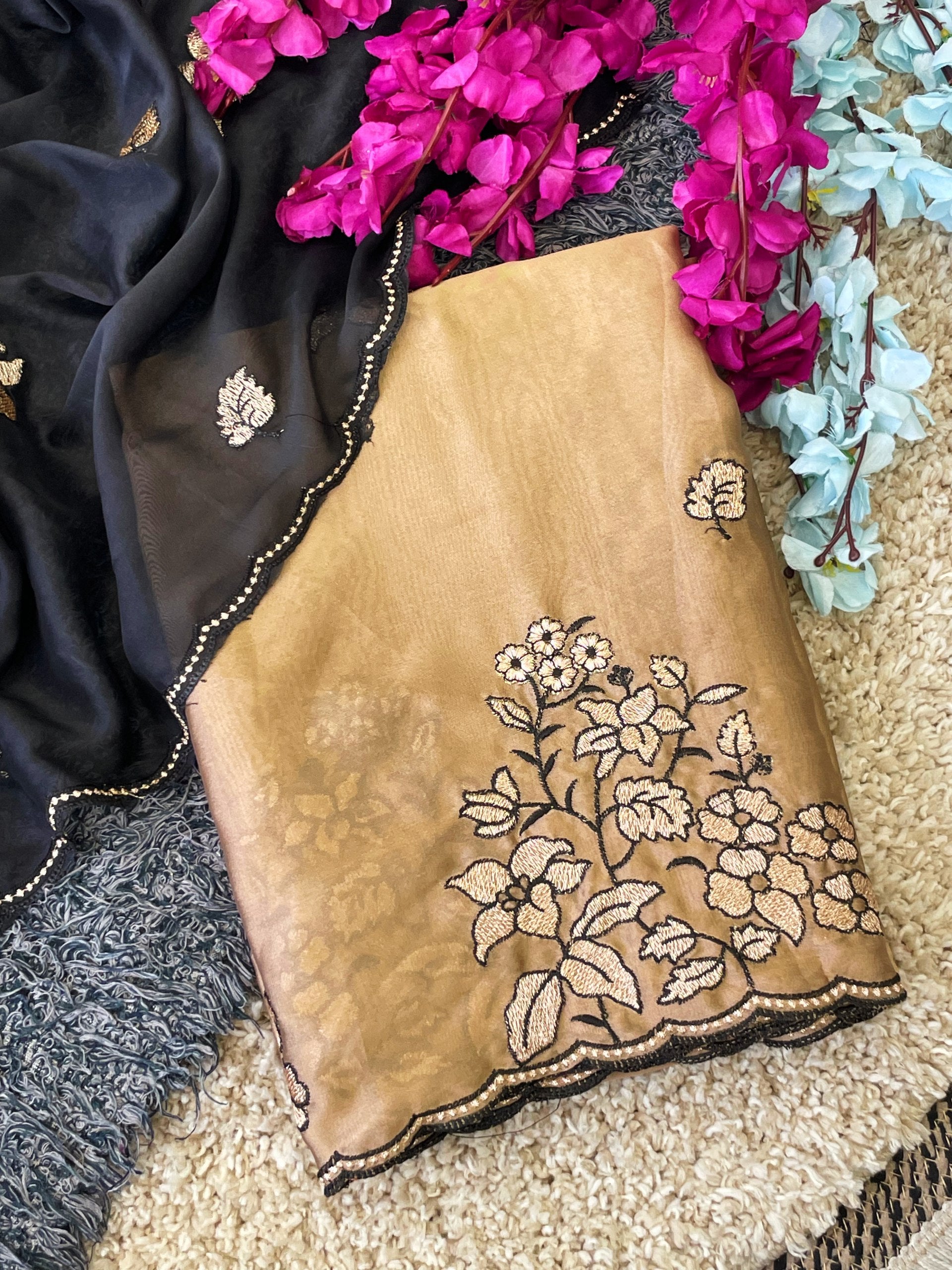 Elegance Premium Rangoli Silk Saree with Floral Zari Embroidery & Designer Blouse - GOLD YELLOW