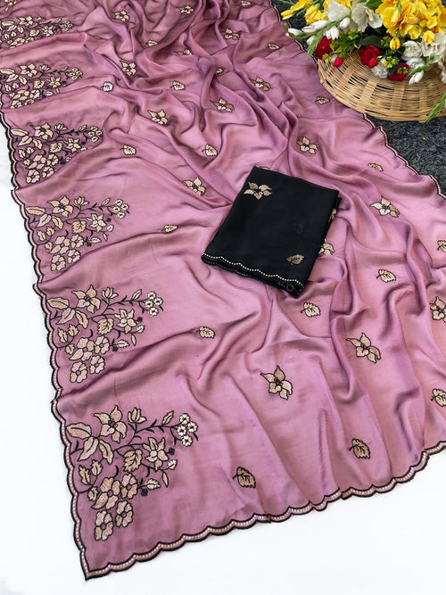 Elegance Premium Rangoli Silk Saree with Floral Zari Embroidery & Designer Blouse - PINK