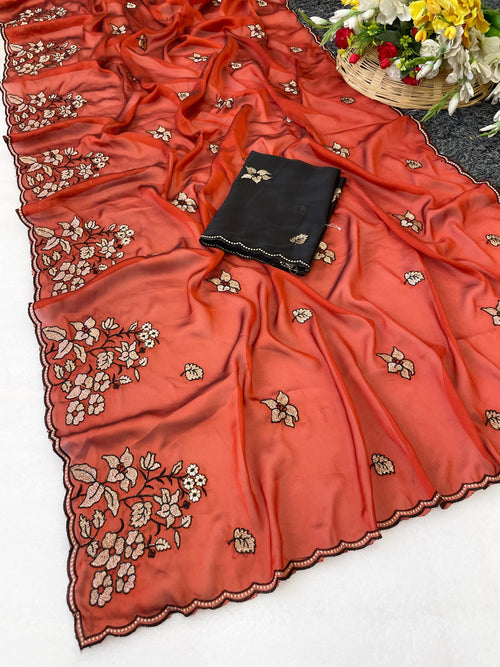 Elegance Premium Rangoli Silk Saree with Floral Zari Embroidery & Designer Blouse - ORANGE