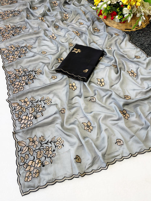Elegance Premium Rangoli Silk Saree with Floral Zari Embroidery & Designer Blouse - GREY