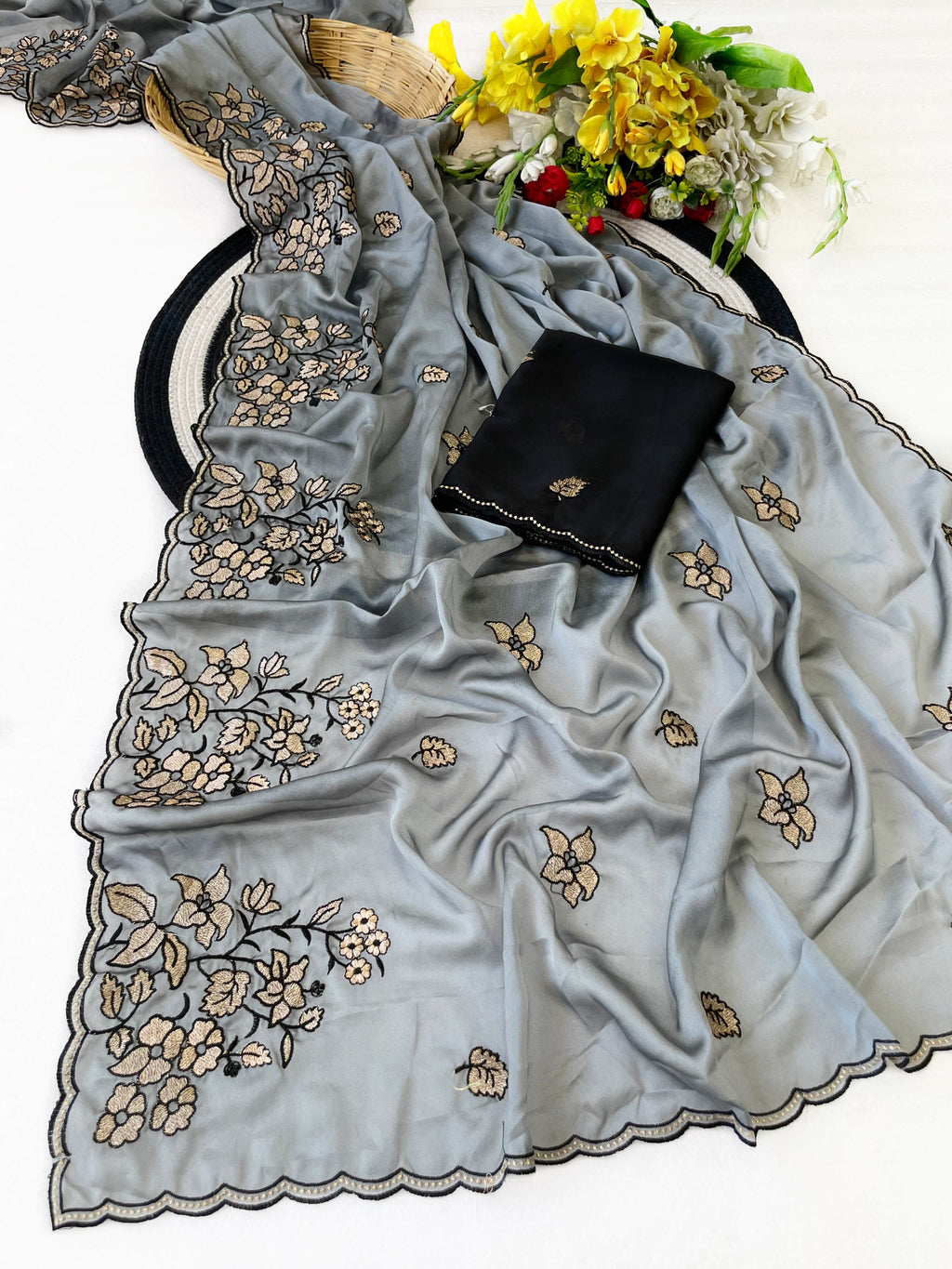 Elegance Premium Rangoli Silk Saree with Floral Zari Embroidery & Designer Blouse - GREY