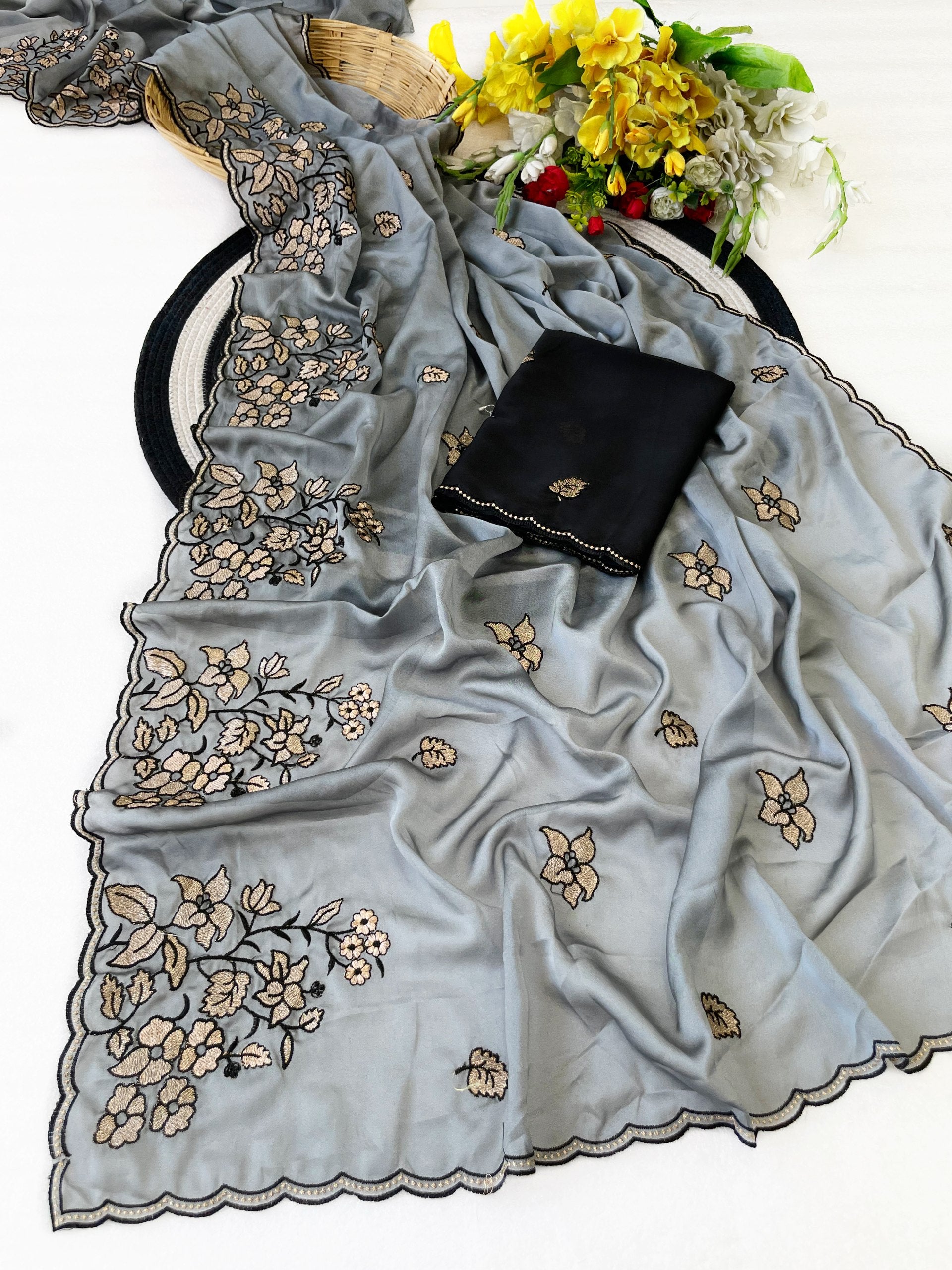 Elegance Premium Rangoli Silk Saree with Floral Zari Embroidery & Designer Blouse - GREY
