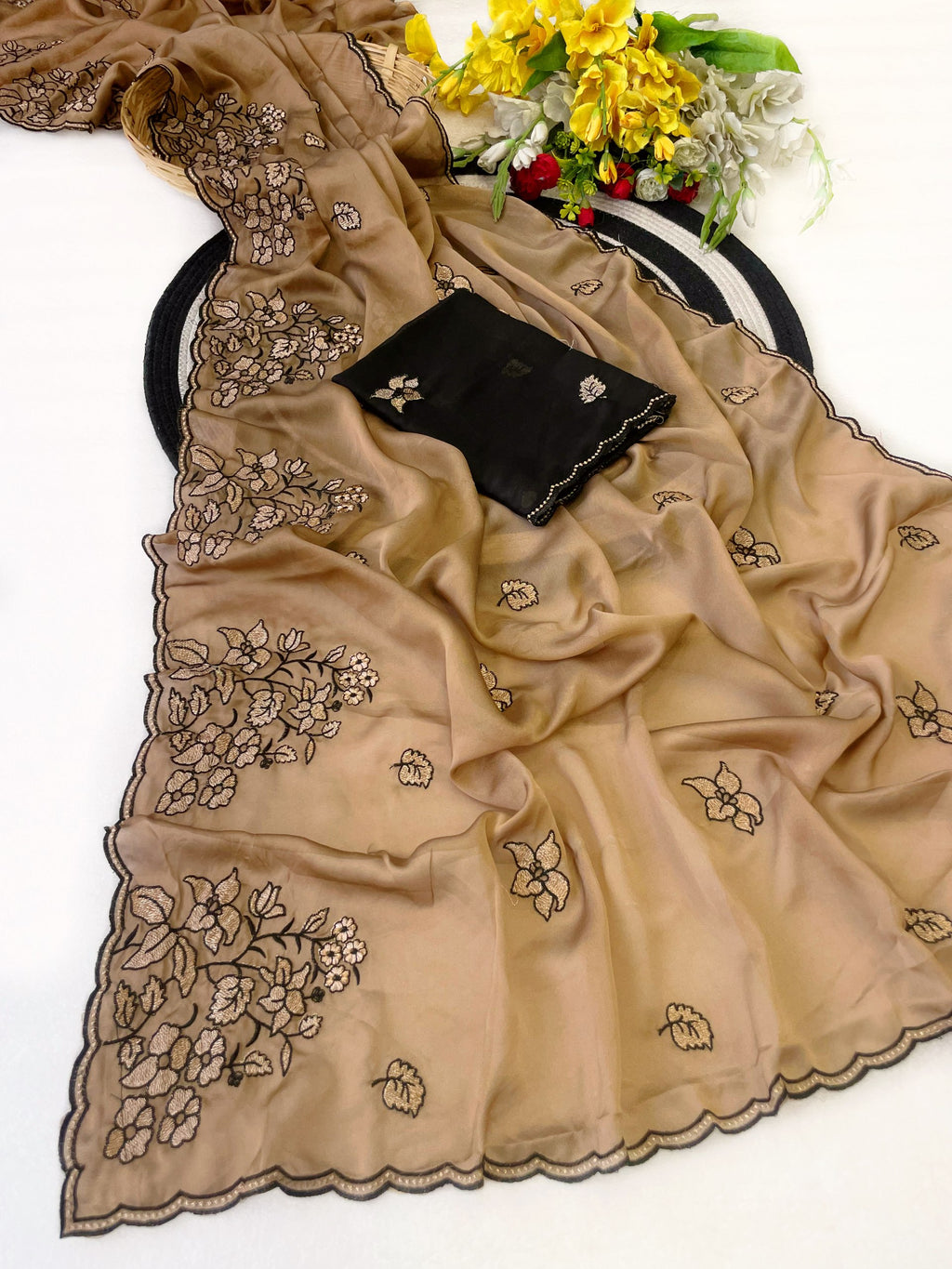 Elegance Premium Rangoli Silk Saree with Floral Zari Embroidery & Designer Blouse - GOLD YELLOW