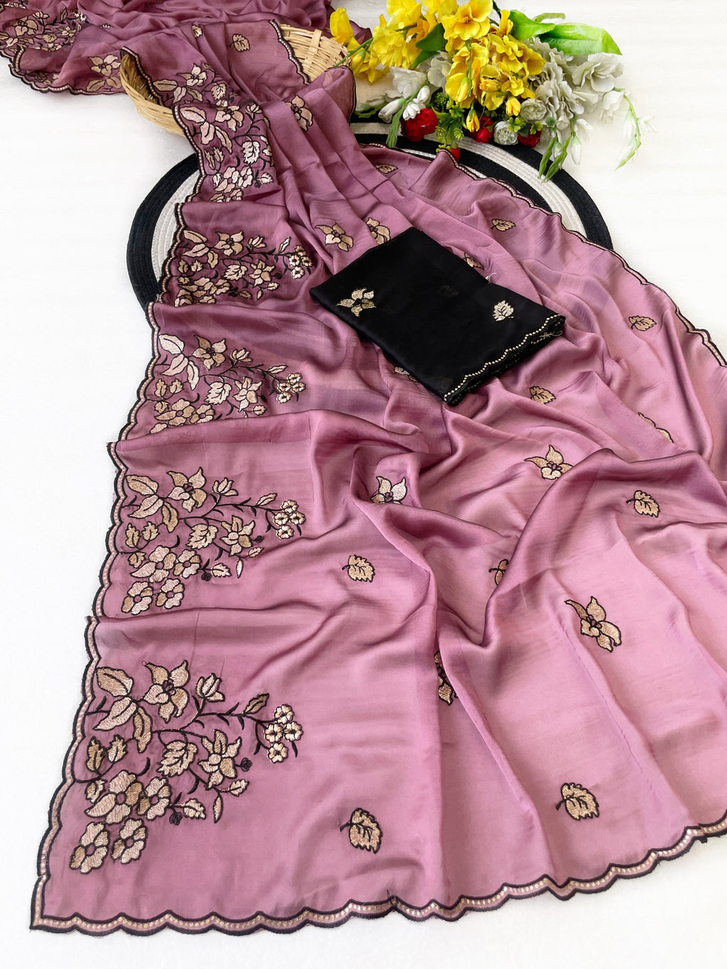 Elegance Premium Rangoli Silk Saree with Floral Zari Embroidery & Designer Blouse - PINK