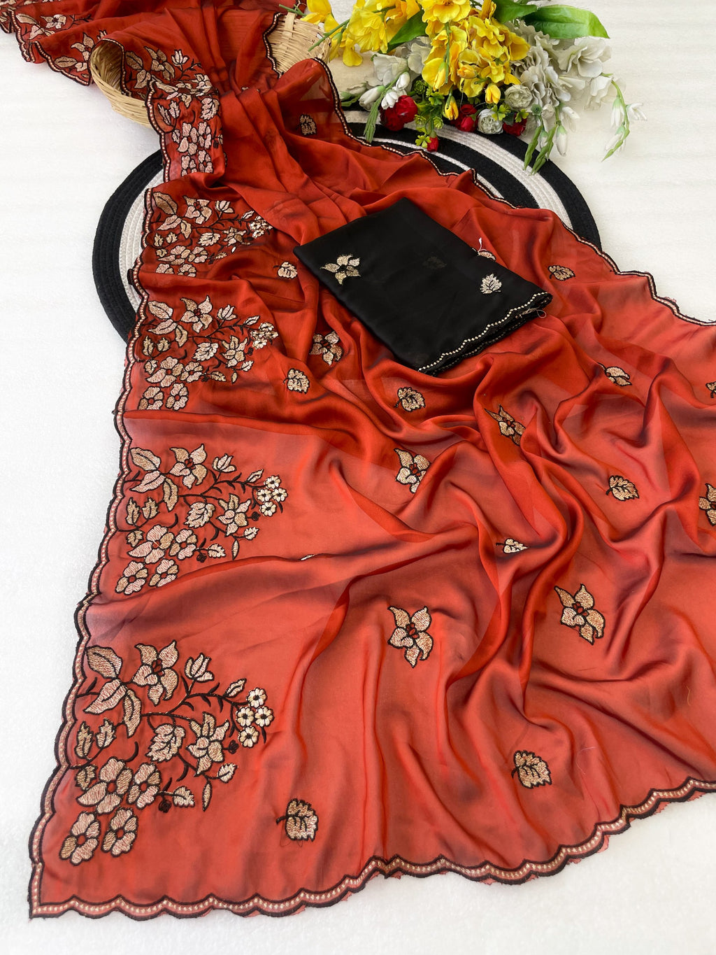 Elegance Premium Rangoli Silk Saree with Floral Zari Embroidery & Designer Blouse - ORANGE
