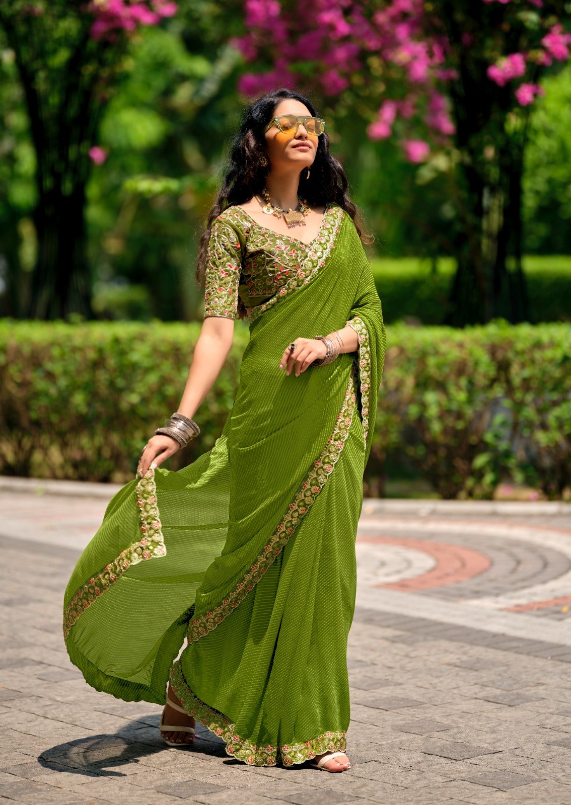 Premium Georgette Leheriya Mothda Print Saree with Embroidery Sequence Lace Border & Designer Blouse Piece -GREEN