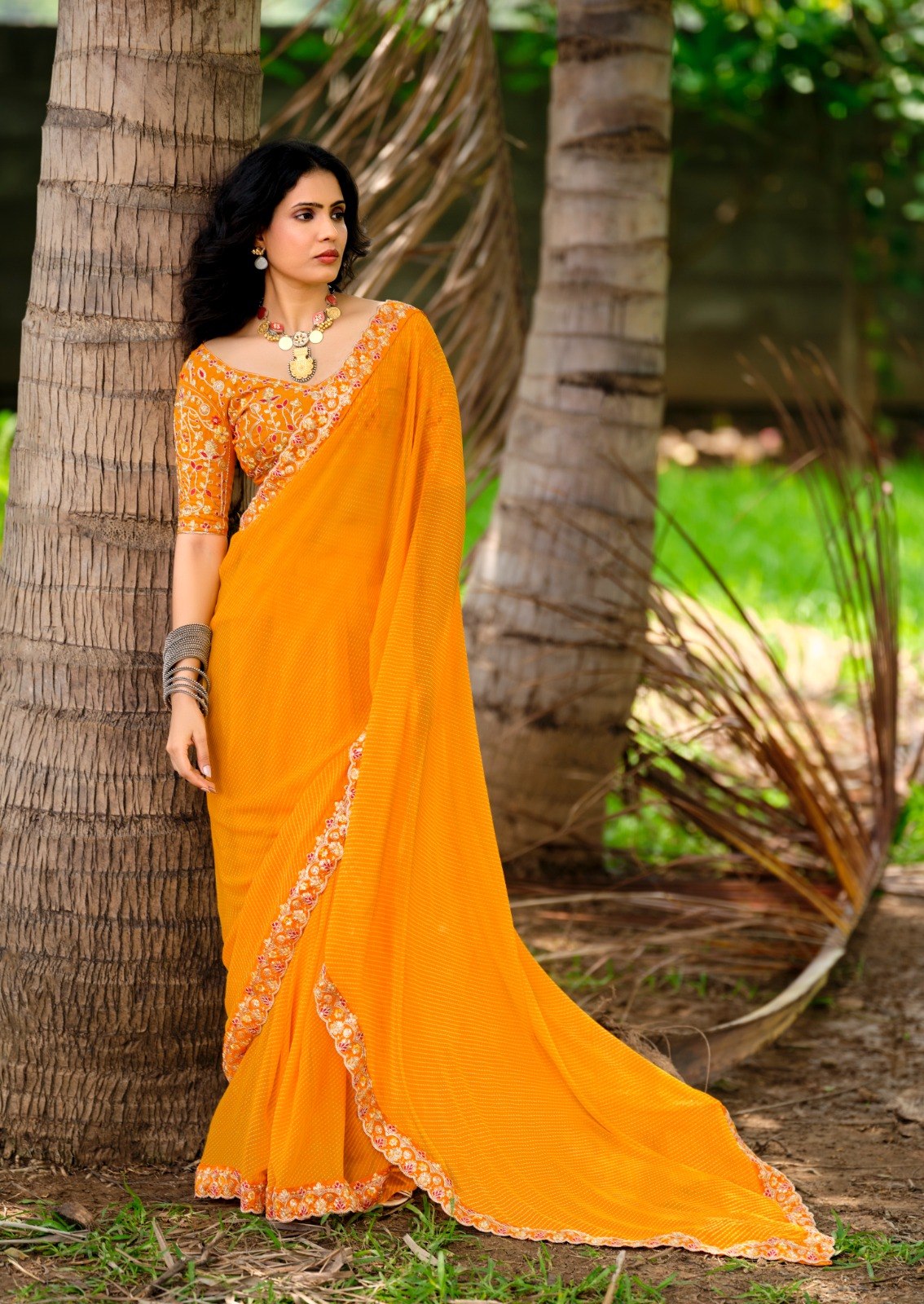 Premium Georgette Leheriya Mothda Print Saree with Embroidery Sequence Lace Border & Designer Blouse Piece - YELLOW