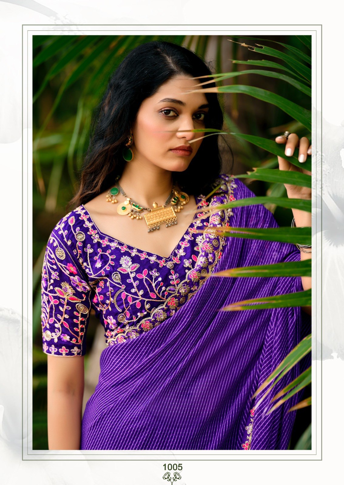 Premium Georgette Leheriya Mothda Print Saree with Embroidery Sequence Lace Border & Designer Blouse Piece - PURPLE