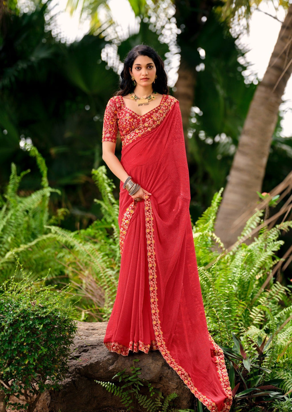 Premium Georgette Leheriya Mothda Print Saree with Embroidery Sequence Lace Border & Designer Blouse Piece - RED