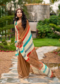 Graceful Chiffon Saree with Artistic Brush Print and Woven Border - BROWN