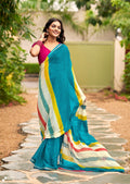 Graceful Chiffon Saree with Artistic Brush Print and Woven Border -SKY