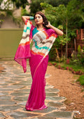 Graceful Chiffon Saree with Artistic Brush Print and Woven Border -PINK