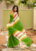 Graceful Chiffon Saree with Artistic Brush Print and Woven Border -PARROT