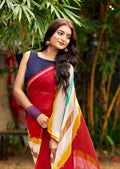 Graceful Chiffon Saree with Artistic Brush Print and Woven Border -RED