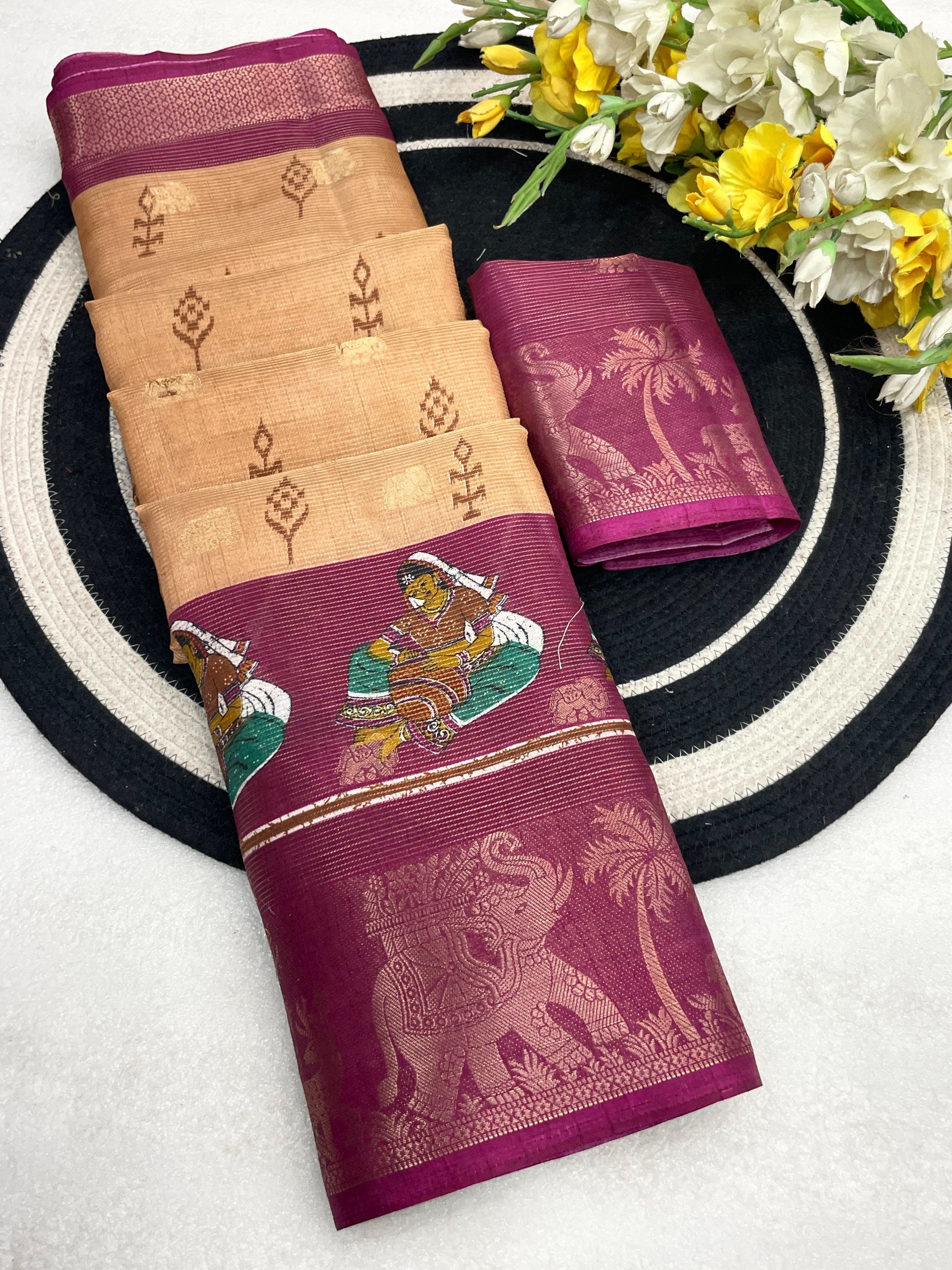 Elegant Two-Tone Floral Moss Mellow Saree with Jacquard Border & Designer Blouse - PINK