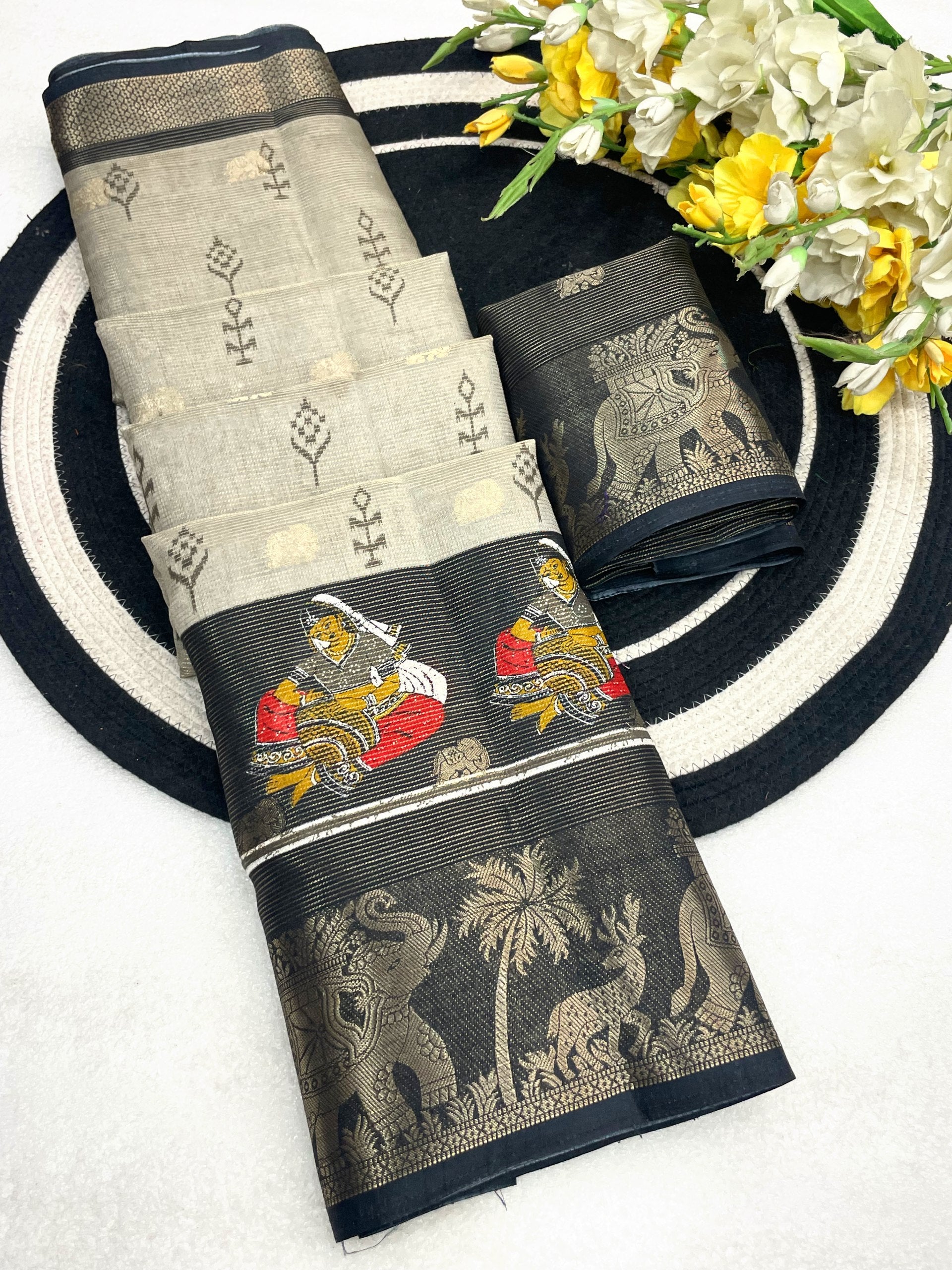 Elegant Two-Tone Floral Moss Mellow Saree with Jacquard Border & Designer Blouse - GREY