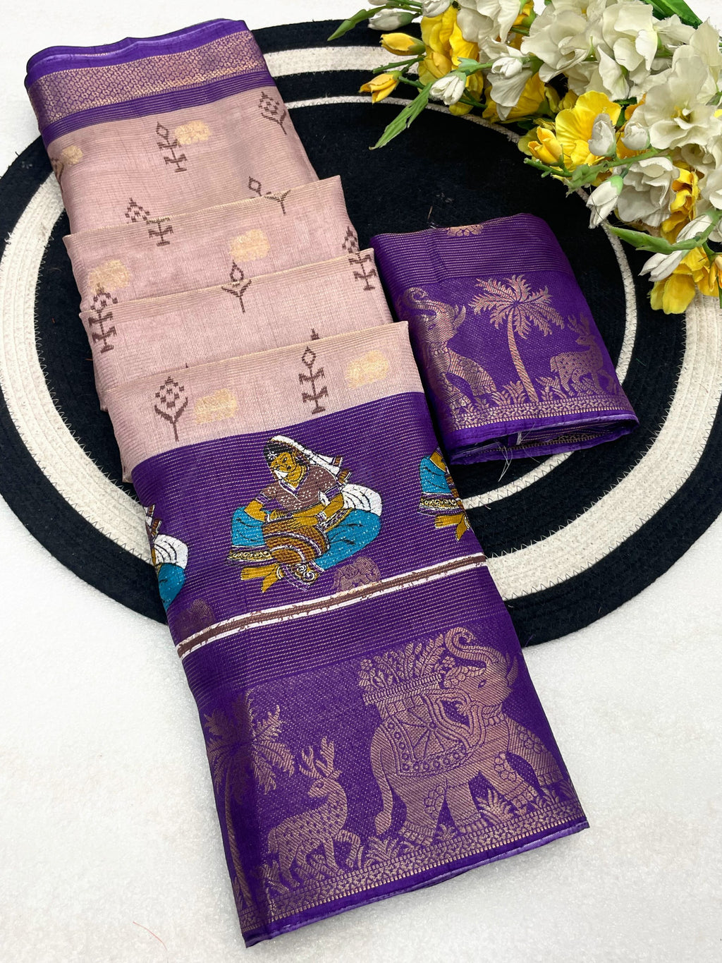 Elegant Two-Tone Floral Moss Mellow Saree with Jacquard Border & Designer Blouse - PURPLE