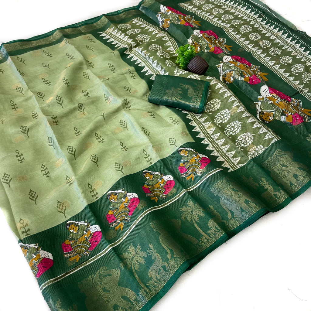 Elegant Two-Tone Floral Moss Mellow Saree with Jacquard Border & Designer Blouse - GREEN