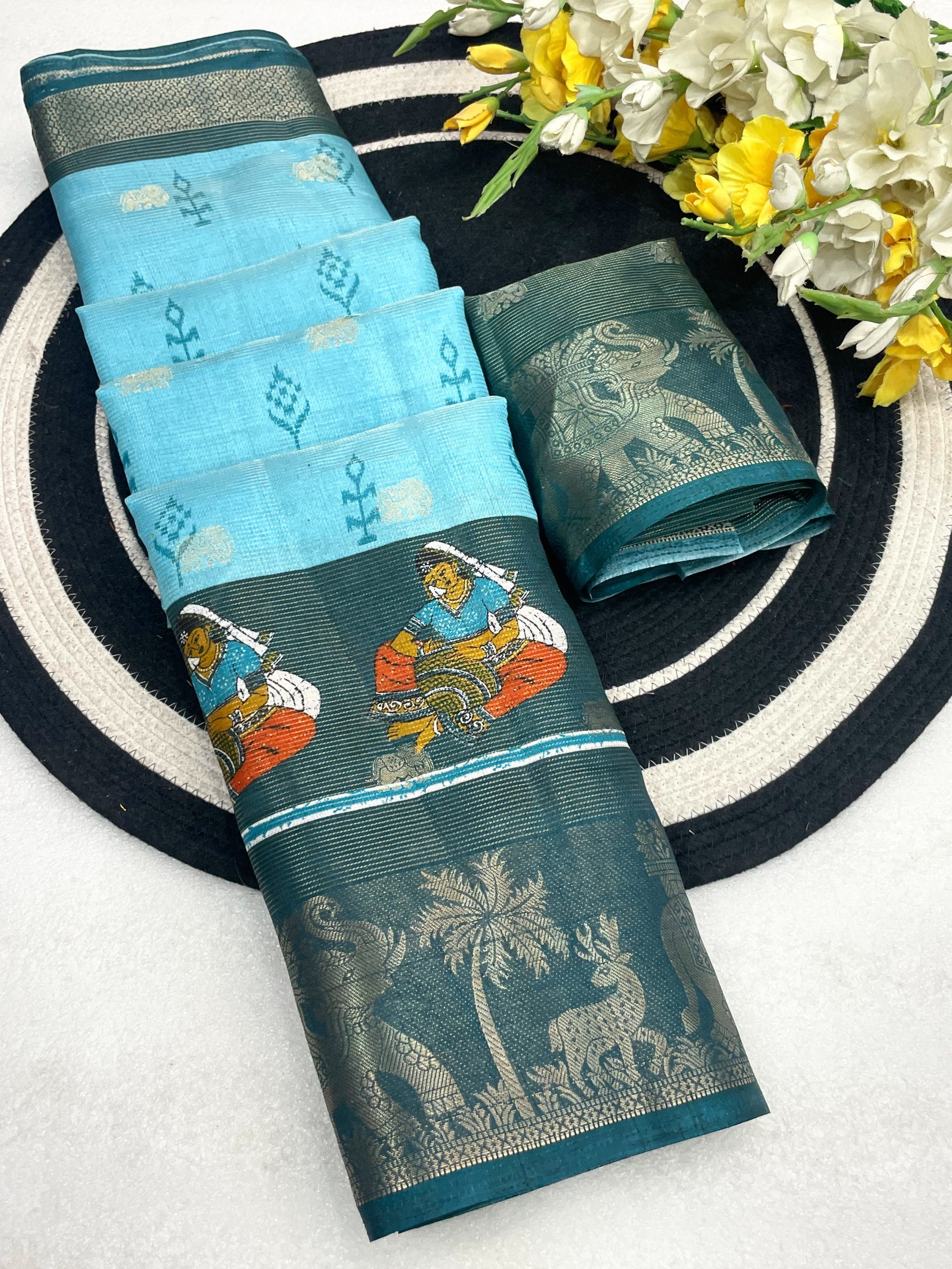 Elegant Two-Tone Floral Moss Mellow Saree with Jacquard Border & Designer Blouse - SKY