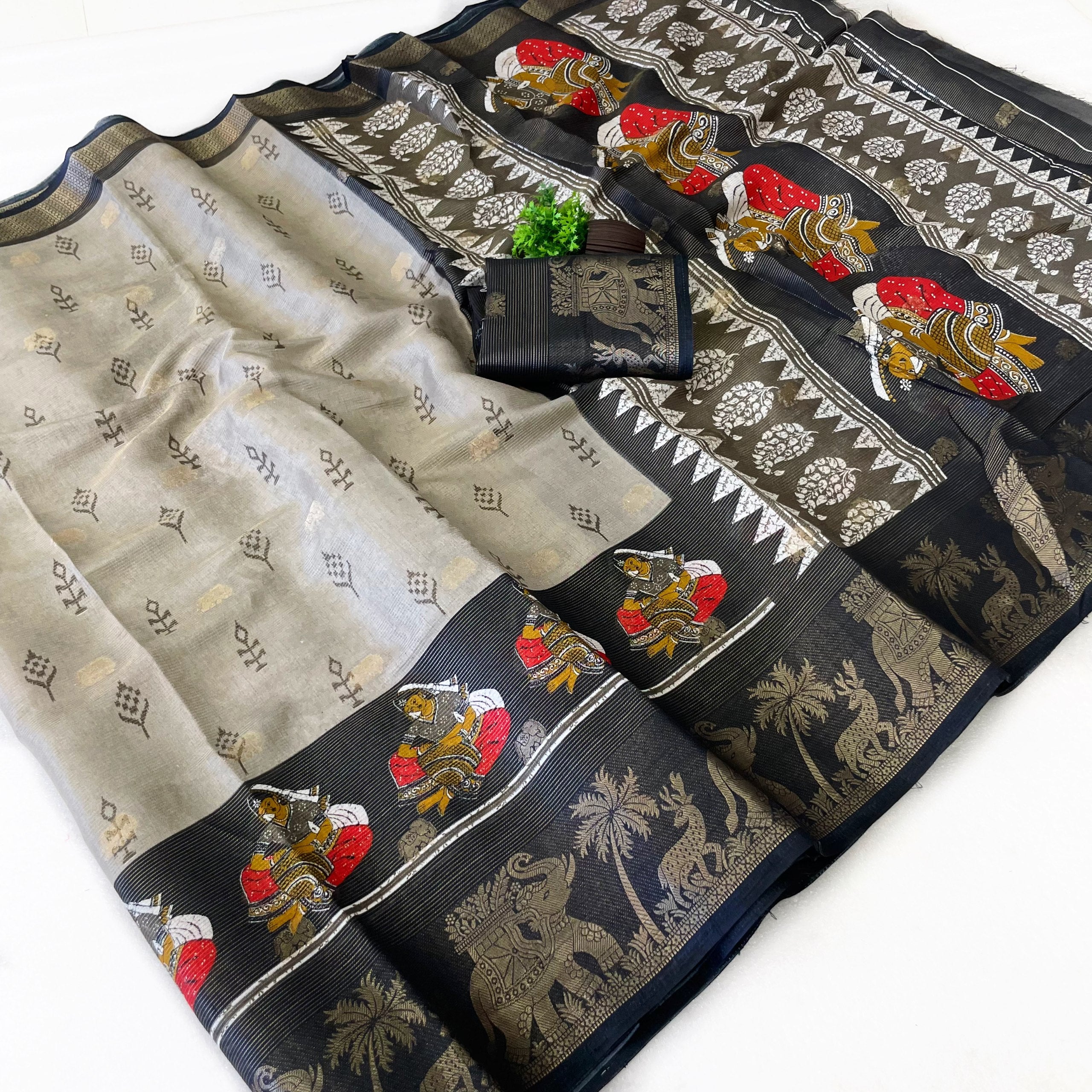 Elegant Two-Tone Floral Moss Mellow Saree with Jacquard Border & Designer Blouse - GREY