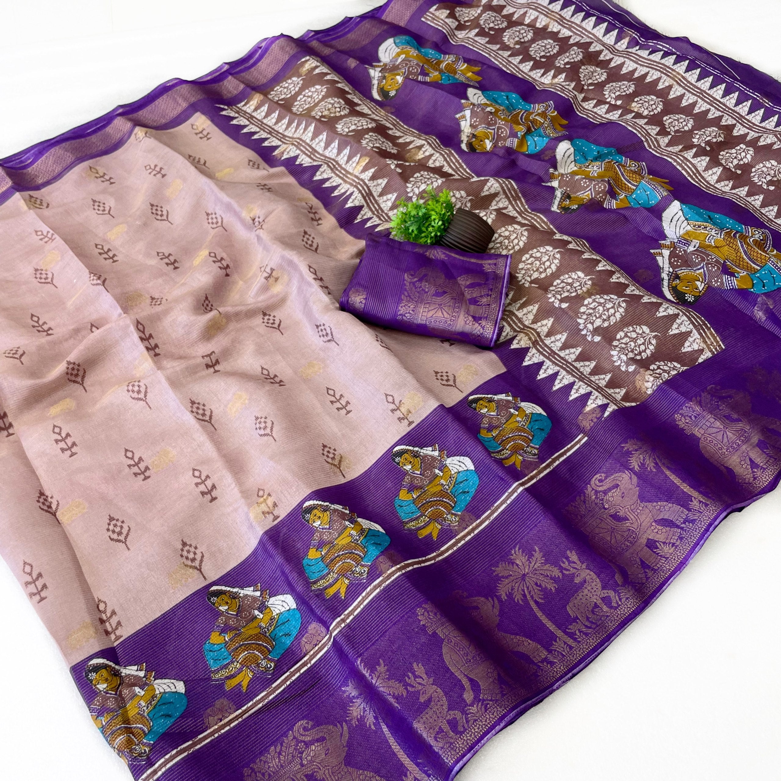 Elegant Two-Tone Floral Moss Mellow Saree with Jacquard Border & Designer Blouse - PURPLE
