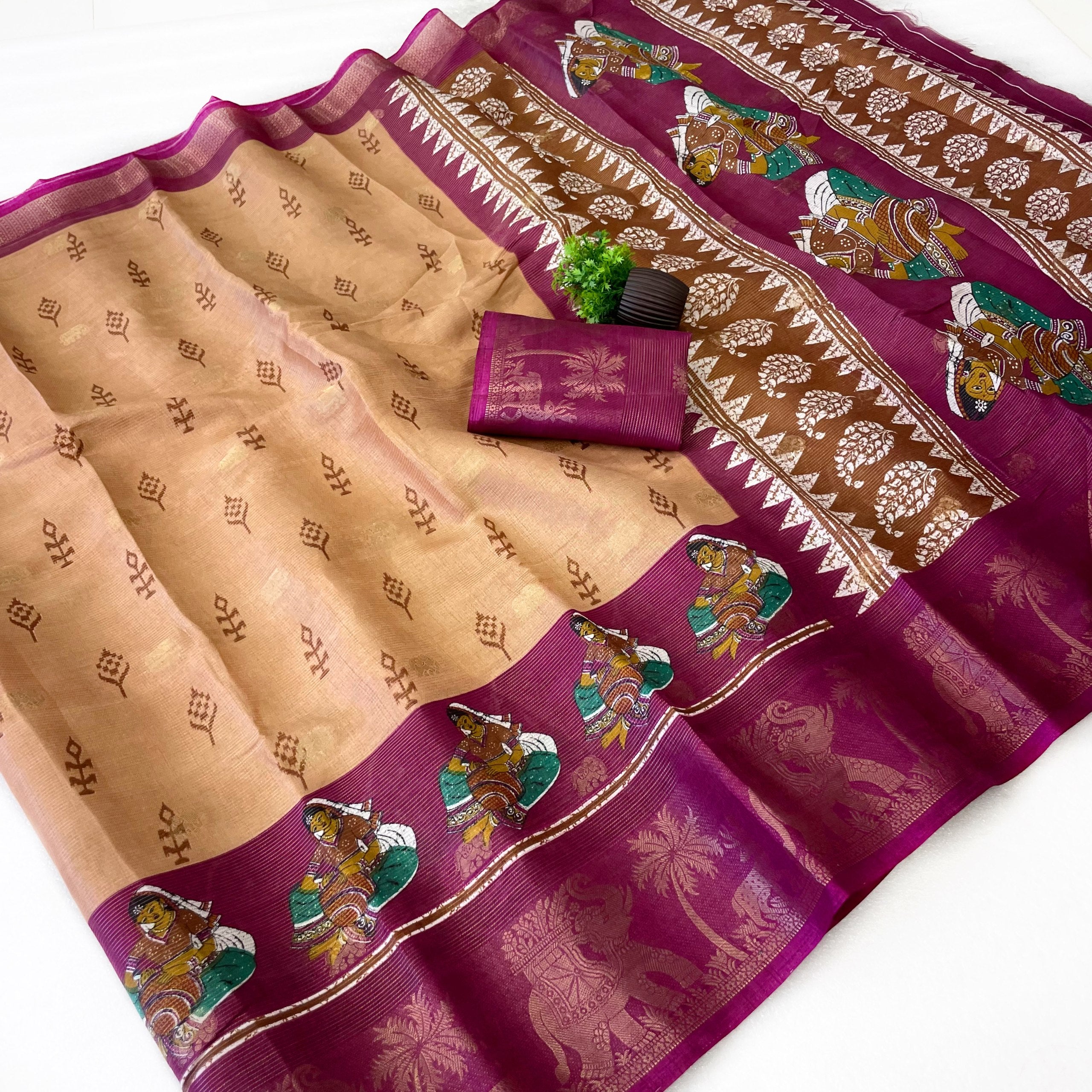 Elegant Two-Tone Floral Moss Mellow Saree with Jacquard Border & Designer Blouse - PINK