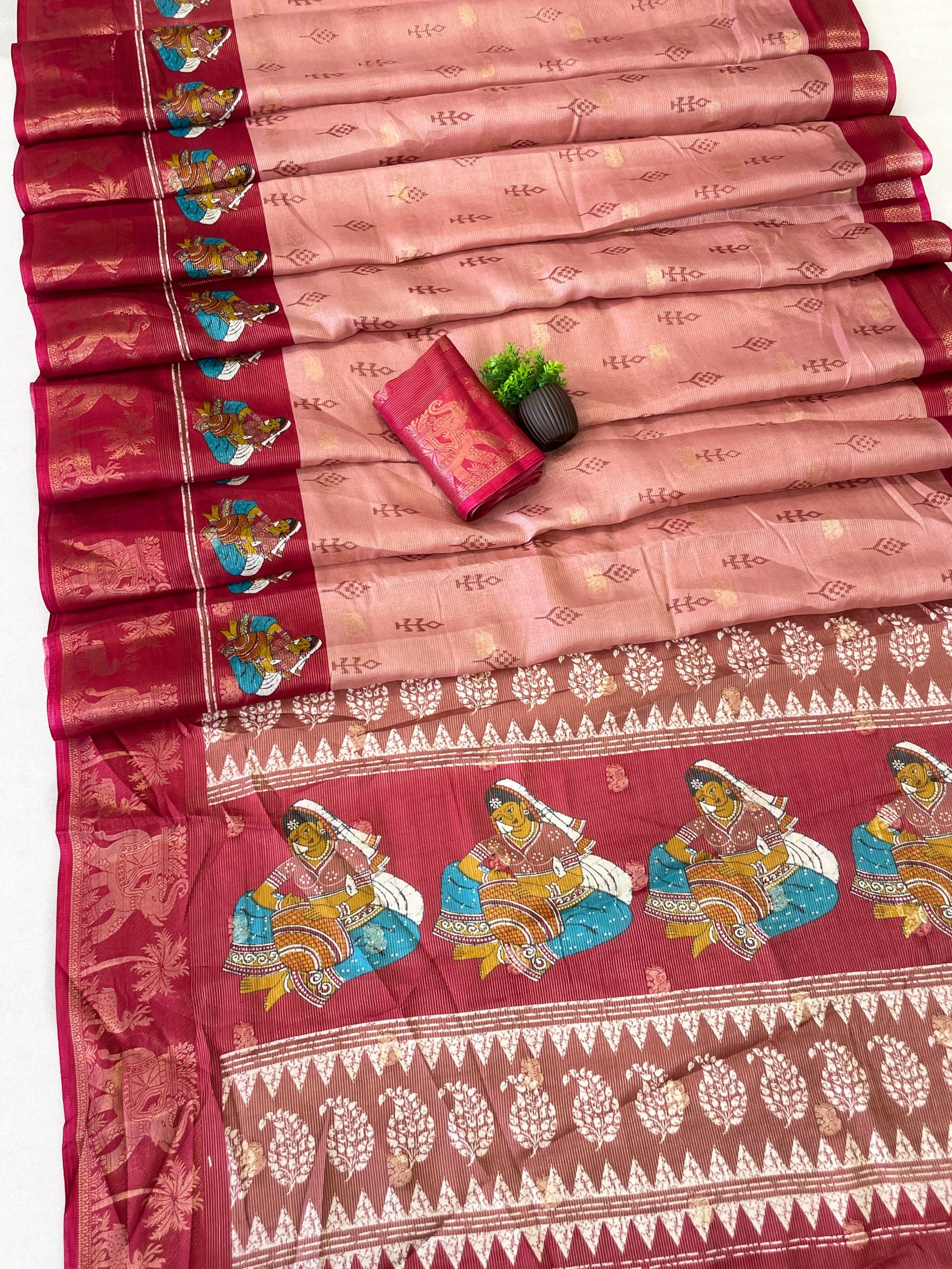 Elegant Two-Tone Floral Moss Mellow Saree with Jacquard Border & Designer Blouse - RED