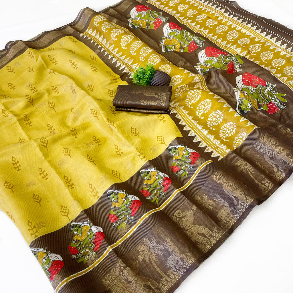 Elegant Two-Tone Floral Moss Mellow Saree with Jacquard Border & Designer Blouse - YELLOW